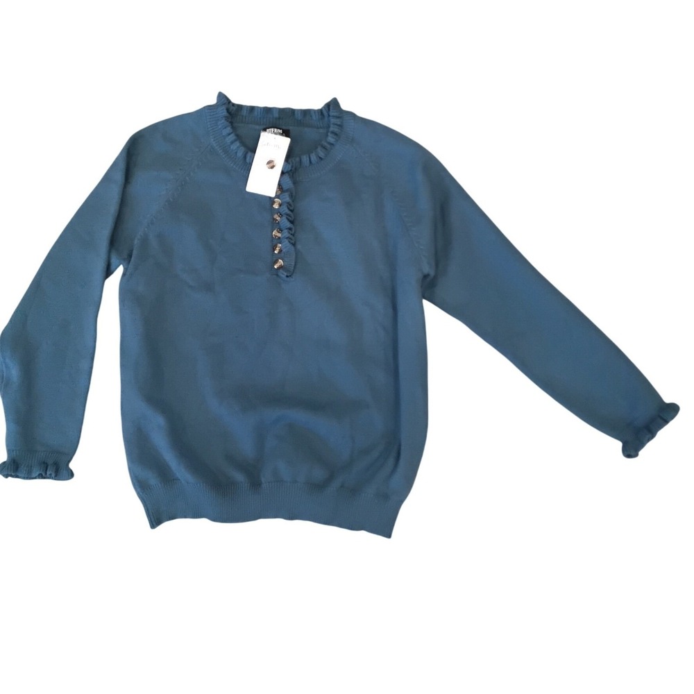 BTFBM Womens Ruffle Trim Henley Sweater Blue Teal Long Sleeve Knit Top XL NEW
